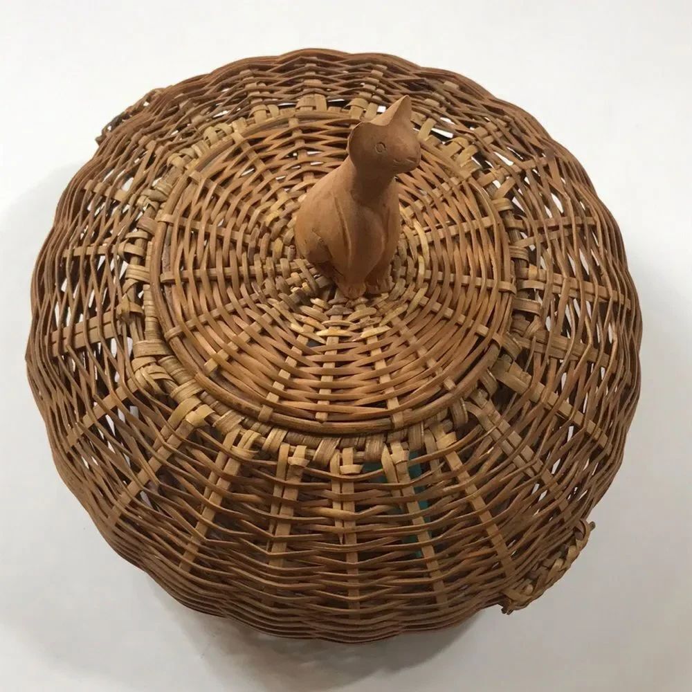 Woven Round Basket Wooden Carved Cat On Top/Lid Boho Style Wicker Basket Style